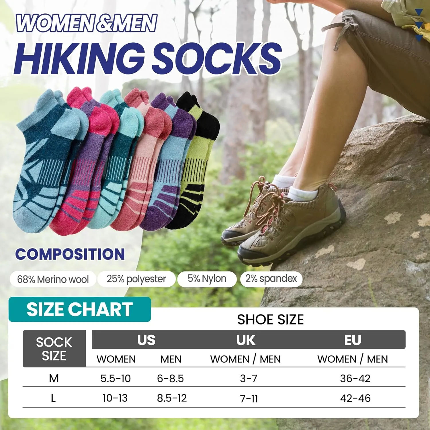 Eyean Merino Wool Ankle Running Socks Men Women Hiking Thick Half Cushioned Support No Show Socks 6 Pairs