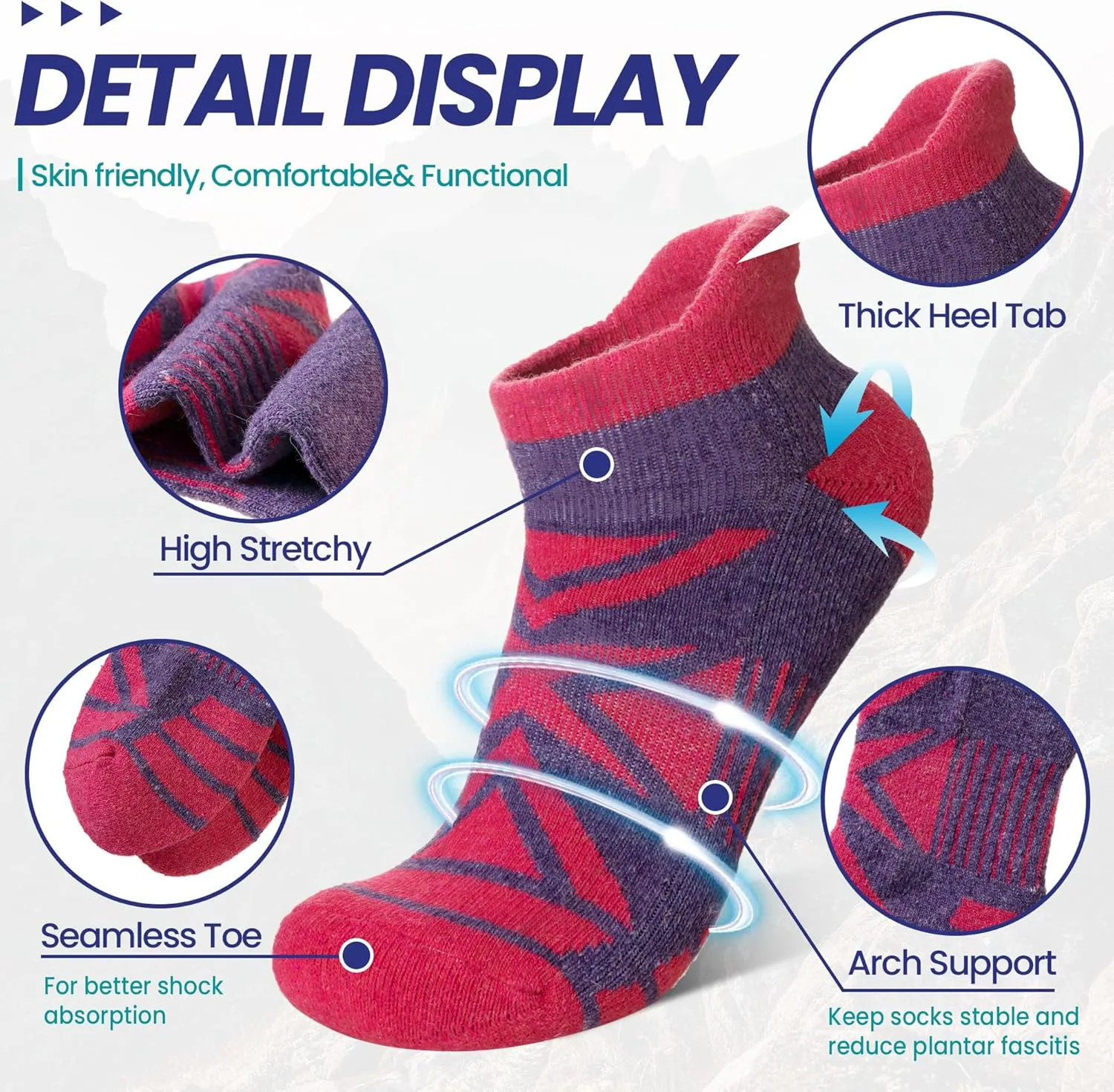 Eyean Merino Wool Ankle Running Socks Men Women Hiking Thick Half Cushioned Support No Show Socks 6 Pairs