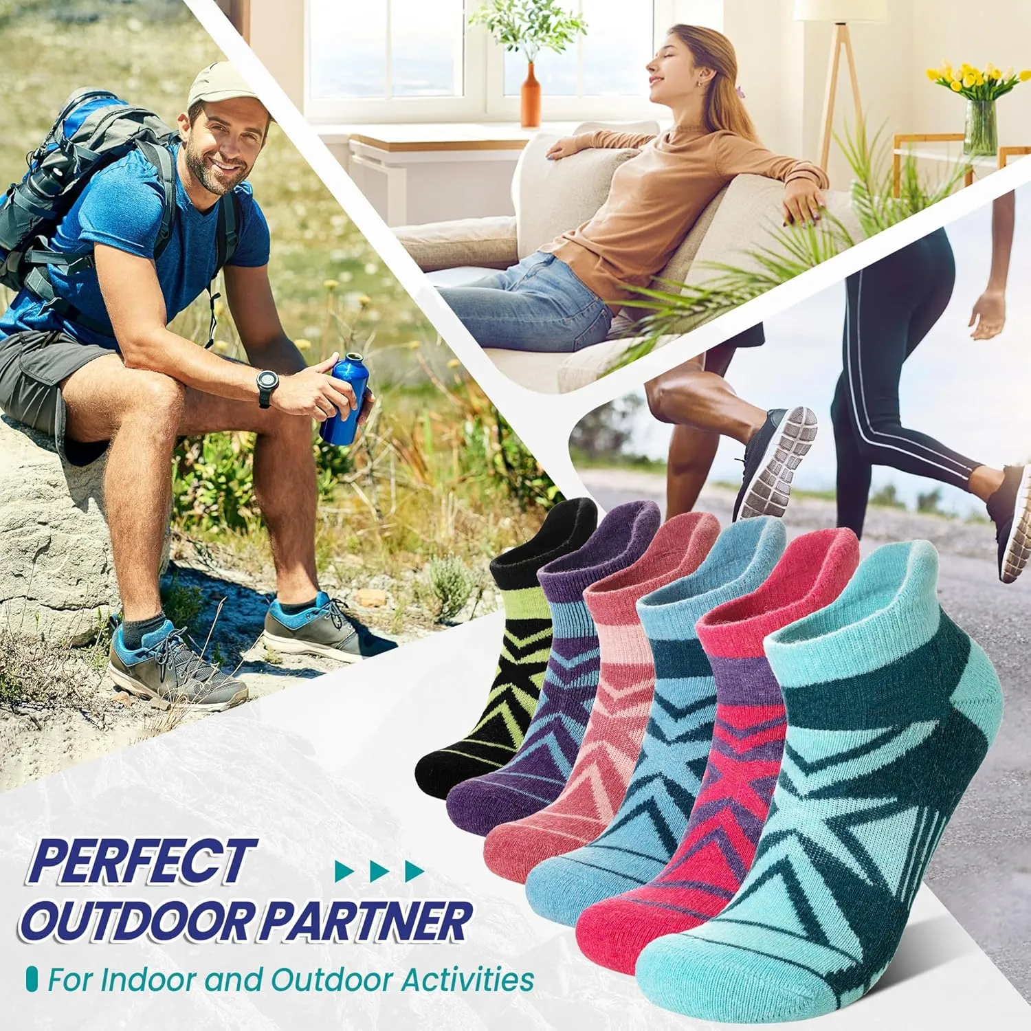 Eyean Merino Wool Ankle Running Socks Men Women Hiking Thick Half Cushioned Support No Show Socks 6 Pairs