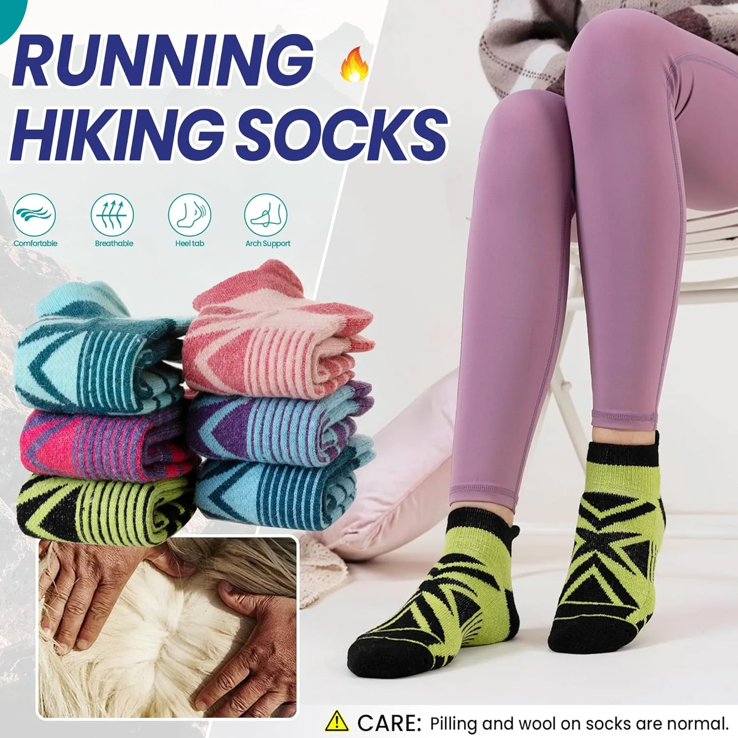 Eyean Merino Wool Ankle Running Socks Men Women Hiking Thick Half Cushioned Support No Show Socks 6 Pairs