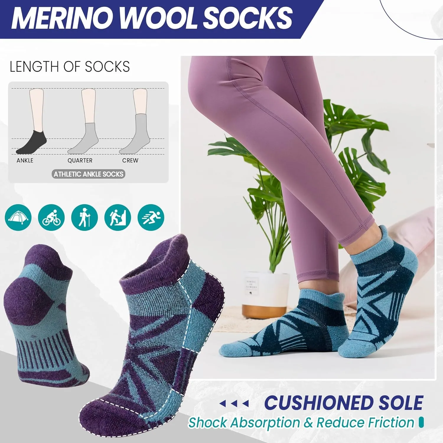 Eyean Merino Wool Ankle Running Socks Men Women Hiking Thick Half Cushioned Support No Show Socks 6 Pairs