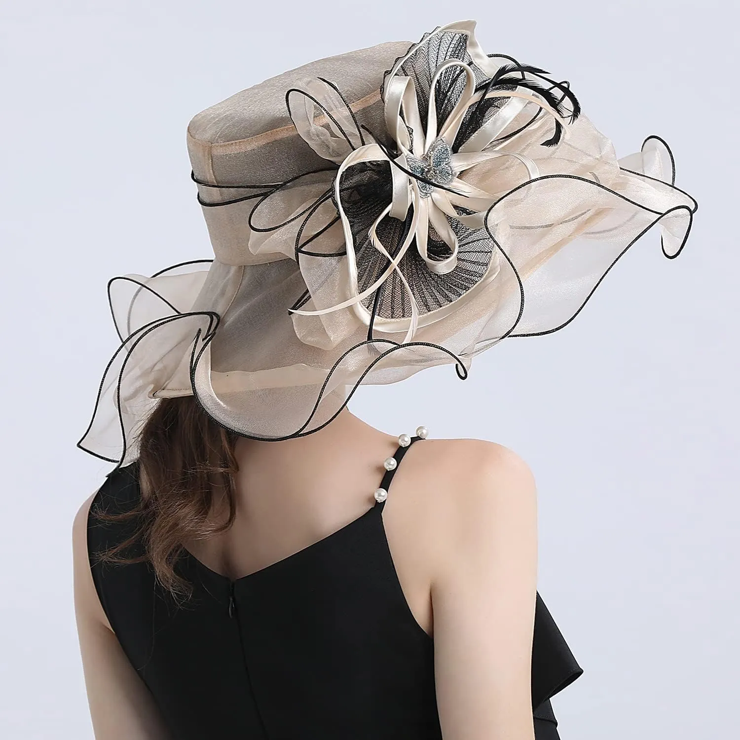 FADVES Women's Wide Brim Organza Tea Derby Sun Hat Butterfly Decoration Tea Party Wedding Bridal Church Fascinator…