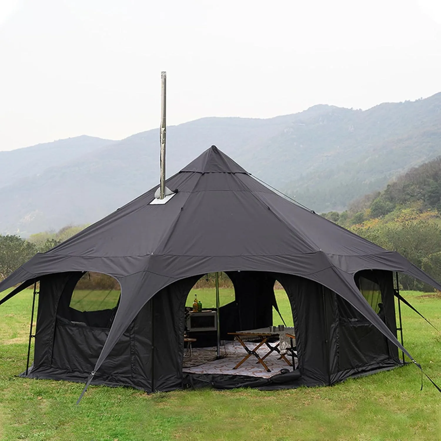 Family Camping Tent Large Double Layer Pyramid Tipi Tent Camping Mongolian Yurt Tent for Picnic, Festival