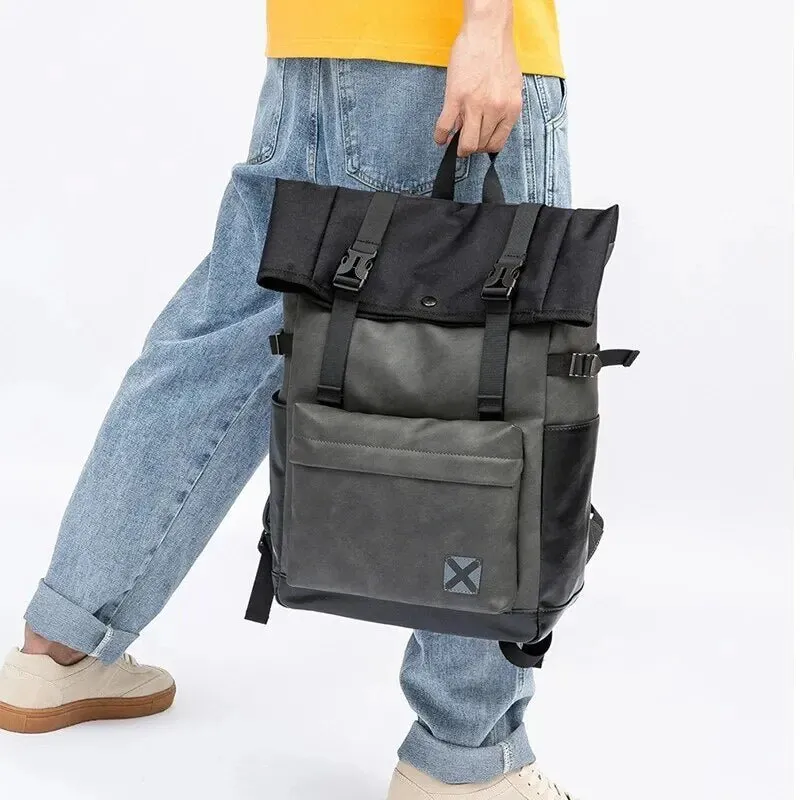 Faux Leather Waterproof Roll-top Backpack