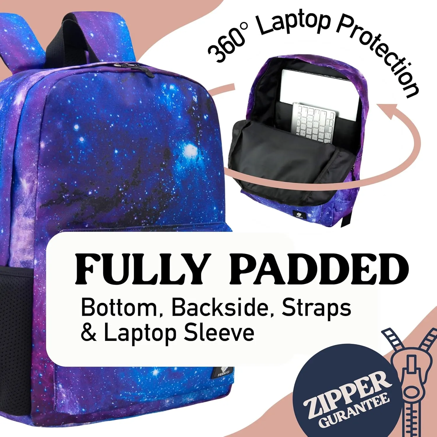 Fenrici Galaxy Backpack for Boys, Girls, Kids Back Pack with Padded Laptop Compartment, Kids' Bookbags for School, Cosmic Pack, Space Backpack, Purple Galaxy, 17 Inch