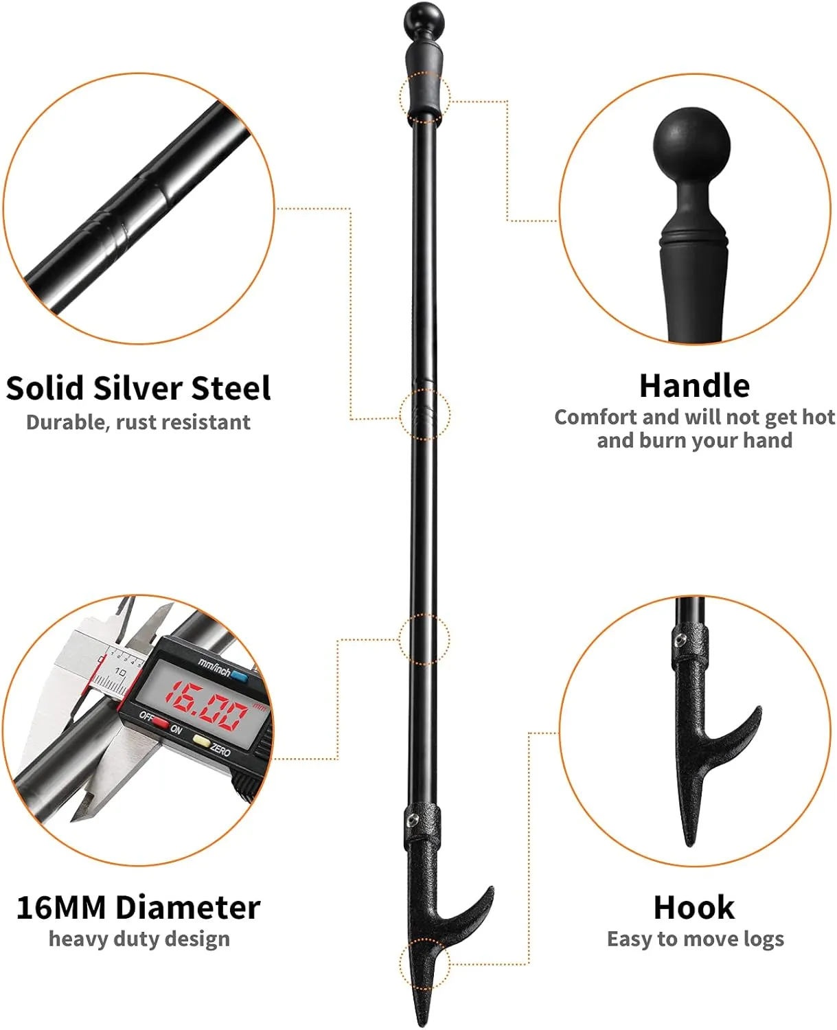 Fire Pit Poker, 46 Inch Extra Long Outdoor Fire Poker for Fireplace, Fire Pit, Campfire, Wood Stove and Indoor Use, Heavy Duty Wrought Steel Campfire Poker Tool, Rust-Resistant Black Finish