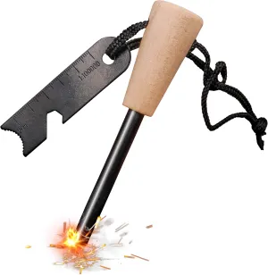 Fire Starter 3/8" Thick Ferro Rod with Wood Handle, Flint Fire Starter with Multi-Tool Striker and Lanyard for Camping & Hiking