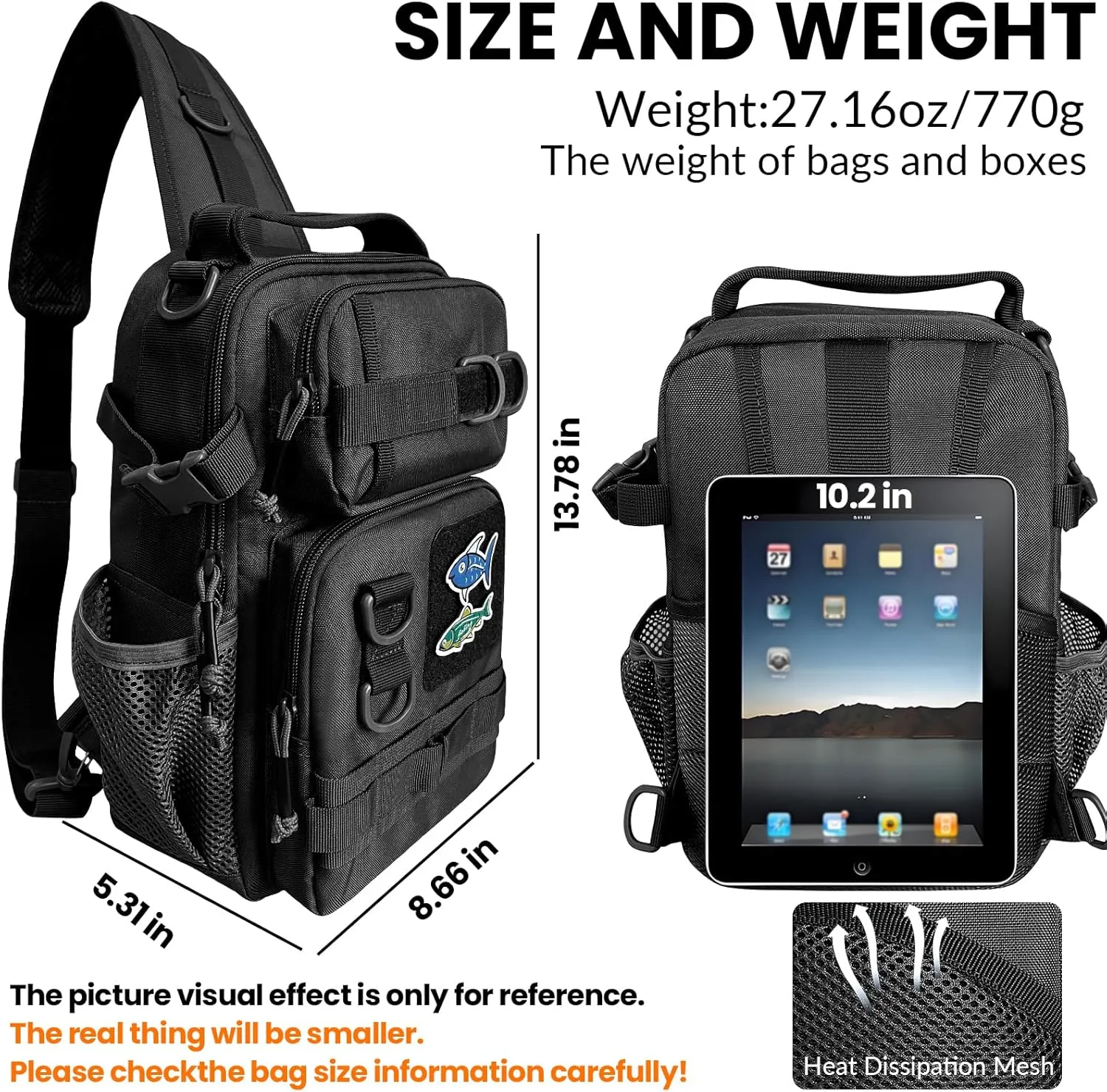 Fishing Backpack Tackle Storage Bag with Tackle Boxes DIY Logos Lightweight Fish Shoulder Bag with Rod Holder Multiple pockets Fishing Sling Tackle Bag(Black)