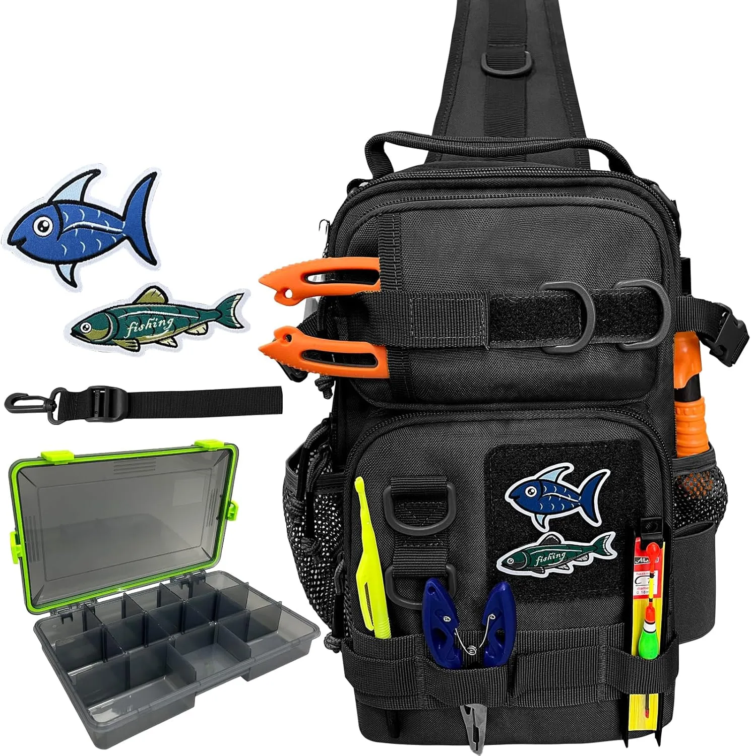 Fishing Backpack Tackle Storage Bag with Tackle Boxes DIY Logos Lightweight Fish Shoulder Bag with Rod Holder Multiple pockets Fishing Sling Tackle Bag(Black)