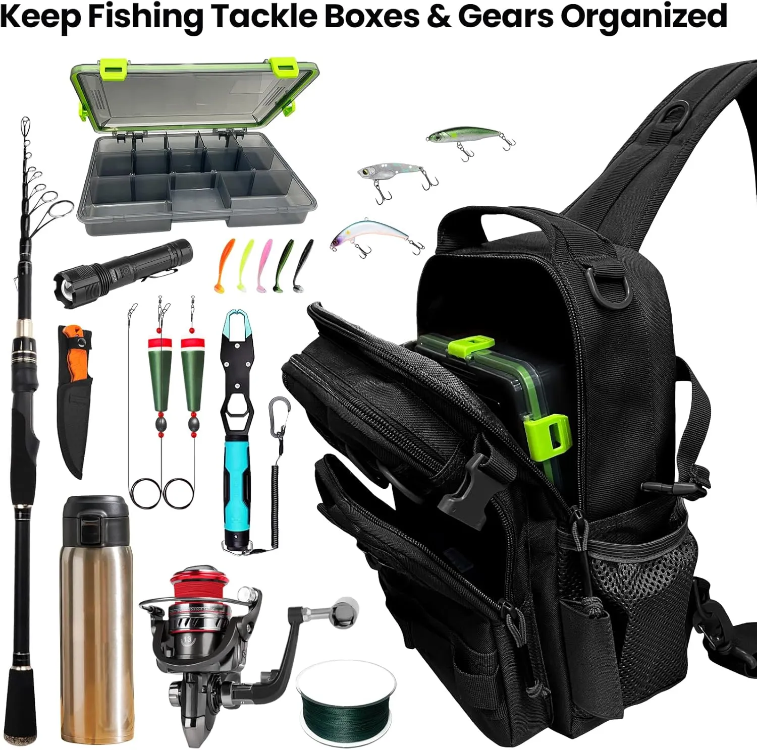 Fishing Backpack Tackle Storage Bag with Tackle Boxes DIY Logos Lightweight Fish Shoulder Bag with Rod Holder Multiple pockets Fishing Sling Tackle Bag(Black)