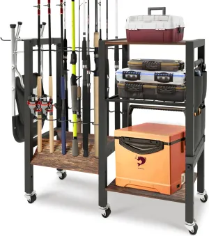Fishing Rod Holders, Fishing Gear, Fishing Rod Holders for Garage, Fishing Equipment Organizers, Fishing Pole Holders, Fishing Rod Tackle Cart, Holds up to 12 rods, 3 Tier Storage Organizer