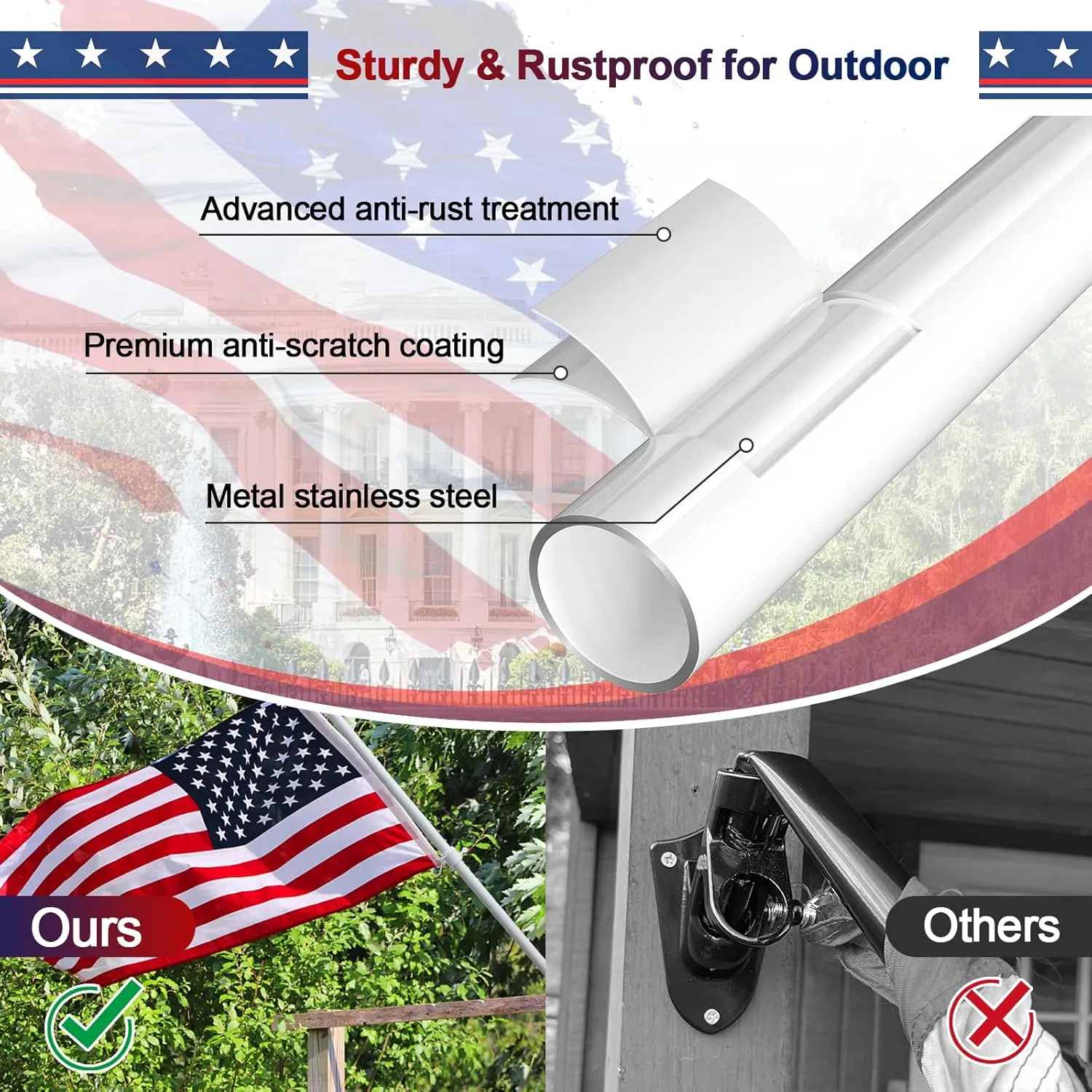 Flag Pole with American Flag - Tangle Free Flag Poles for Outside House with 3x5 Embroidered US Flags,Flagpole Holder Bracket - 6ft Heavy Duty Outdoor Flag Pole Kit for Porch - White