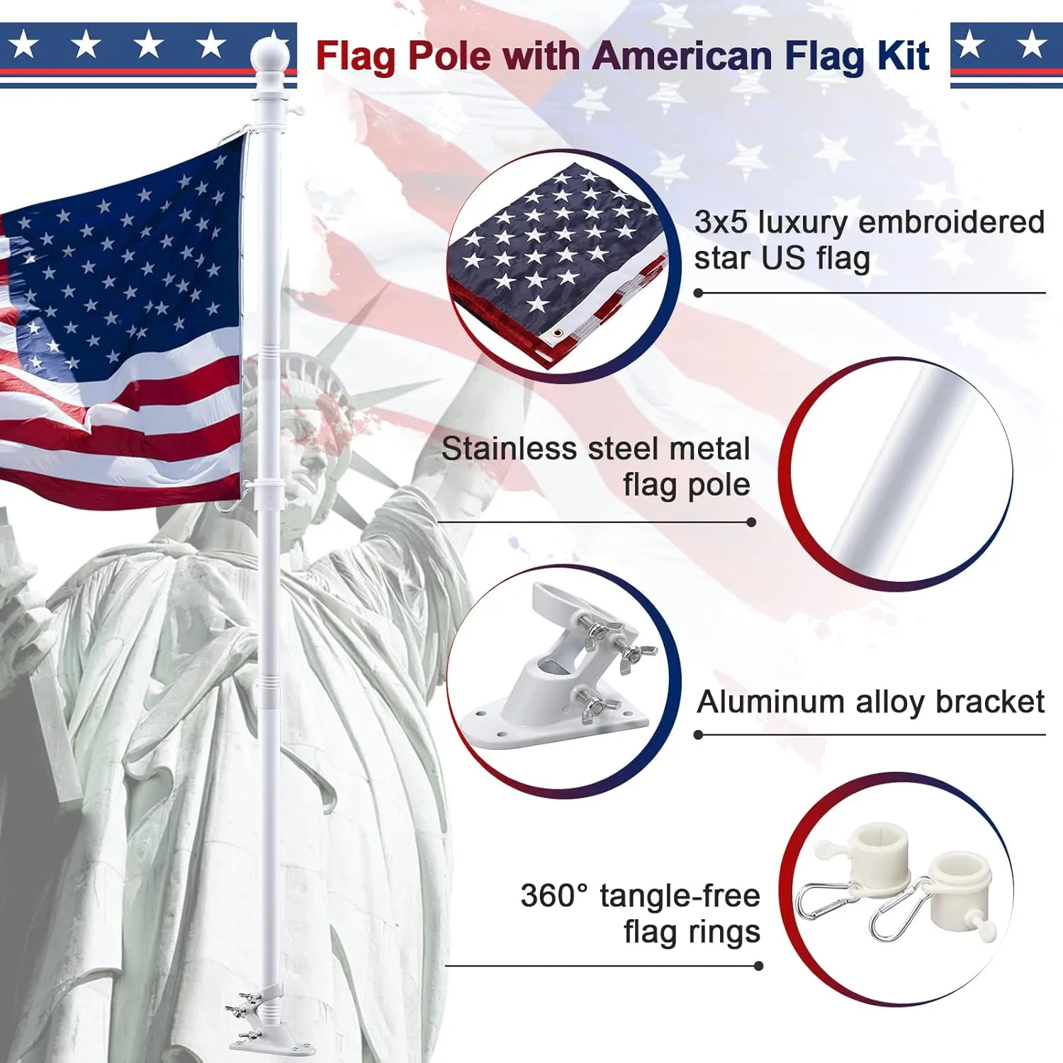 Flag Pole with American Flag - Tangle Free Flag Poles for Outside House with 3x5 Embroidered US Flags,Flagpole Holder Bracket - 6ft Heavy Duty Outdoor Flag Pole Kit for Porch - White