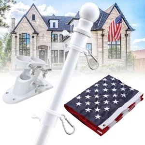 Flag Pole with American Flag - Tangle Free Flag Poles for Outside House with 3x5 Embroidered US Flags,Flagpole Holder Bracket - 6ft Heavy Duty Outdoor Flag Pole Kit for Porch - White