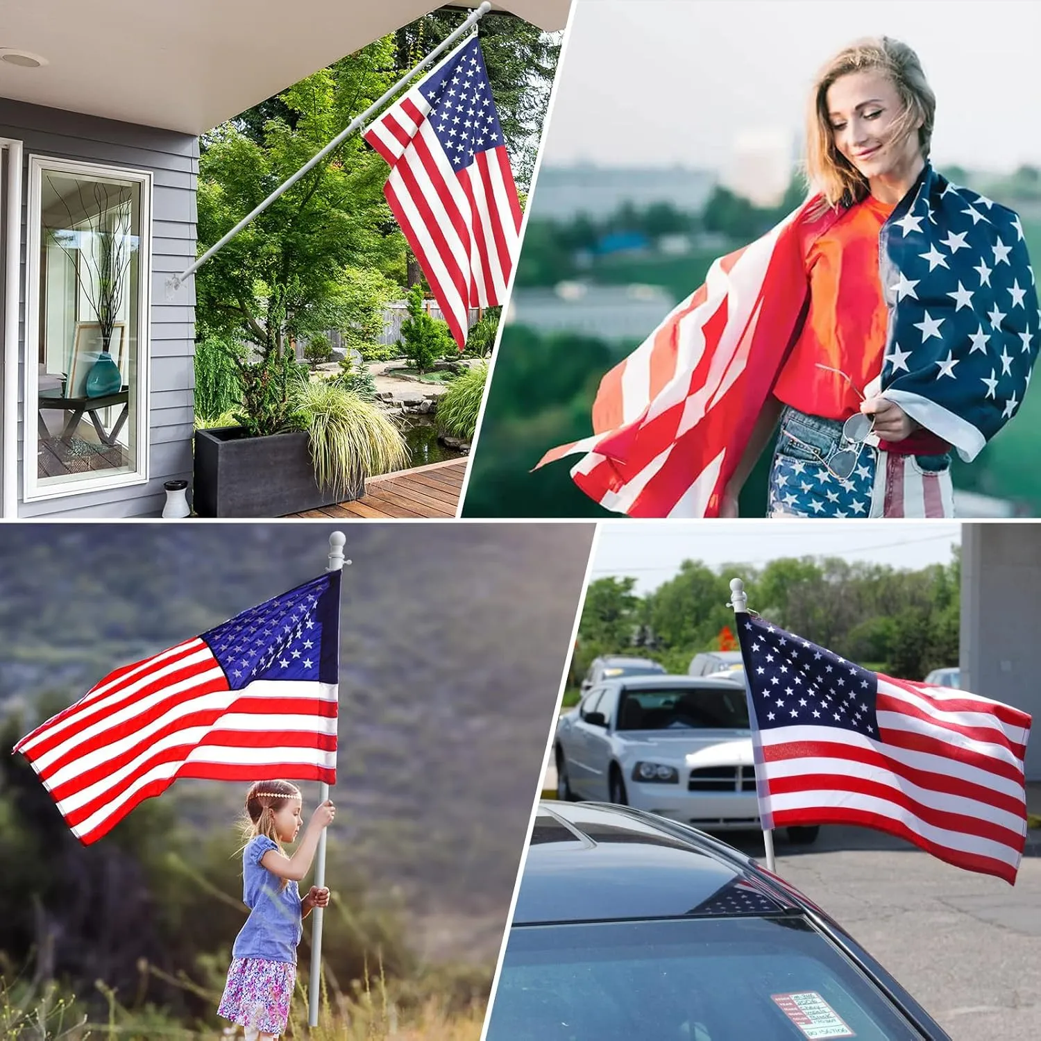 Flag Pole with American Flag - Tangle Free Flag Poles for Outside House with 3x5 Embroidered US Flags,Flagpole Holder Bracket - 6ft Heavy Duty Outdoor Flag Pole Kit for Porch - White