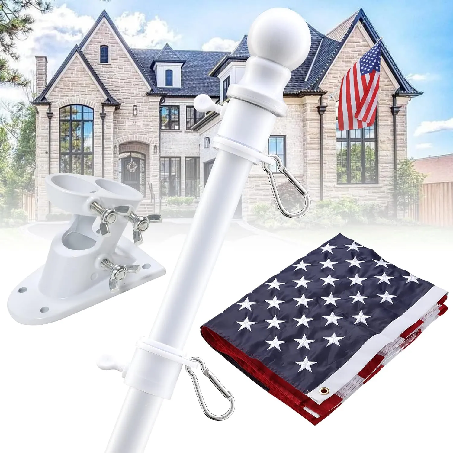 Flag Pole with American Flag - Tangle Free Flag Poles for Outside House with 3x5 Embroidered US Flags,Flagpole Holder Bracket - 6ft Heavy Duty Outdoor Flag Pole Kit for Porch - White