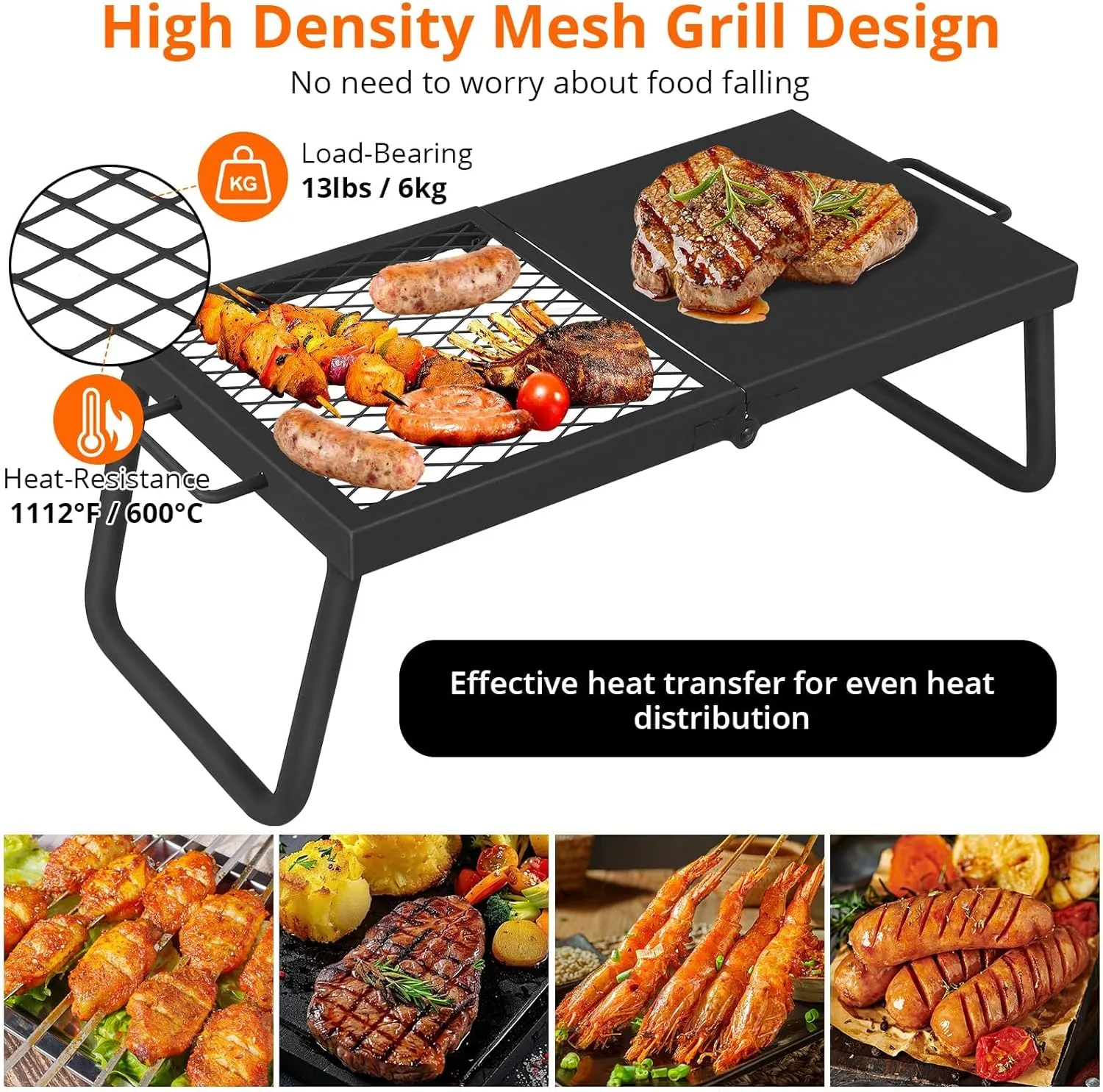 Folding Campfire Grill,22.4"×11.2" Campfire Cooking Grate with High-Density Grill Mesh, Heavy-Duty Steel Grill Grate,Food-Grade Coating & Foldable Legs for Outdoor BBQ, Picnics & Backyard Grilling