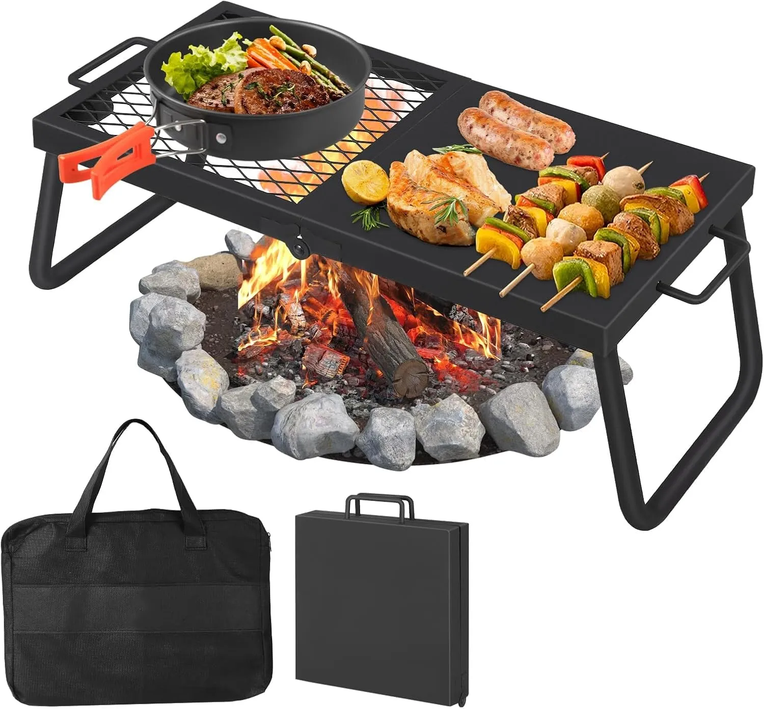 Folding Campfire Grill,22.4"×11.2" Campfire Cooking Grate with High-Density Grill Mesh, Heavy-Duty Steel Grill Grate,Food-Grade Coating & Foldable Legs for Outdoor BBQ, Picnics & Backyard Grilling