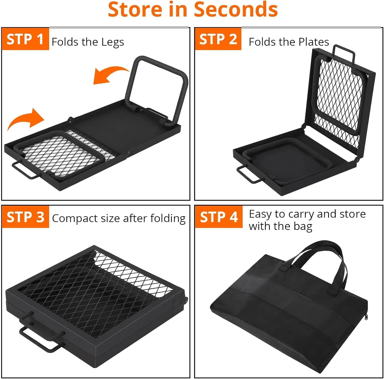 Folding Campfire Grill,22.4"×11.2" Campfire Cooking Grate with High-Density Grill Mesh, Heavy-Duty Steel Grill Grate,Food-Grade Coating & Foldable Legs for Outdoor BBQ, Picnics & Backyard Grilling