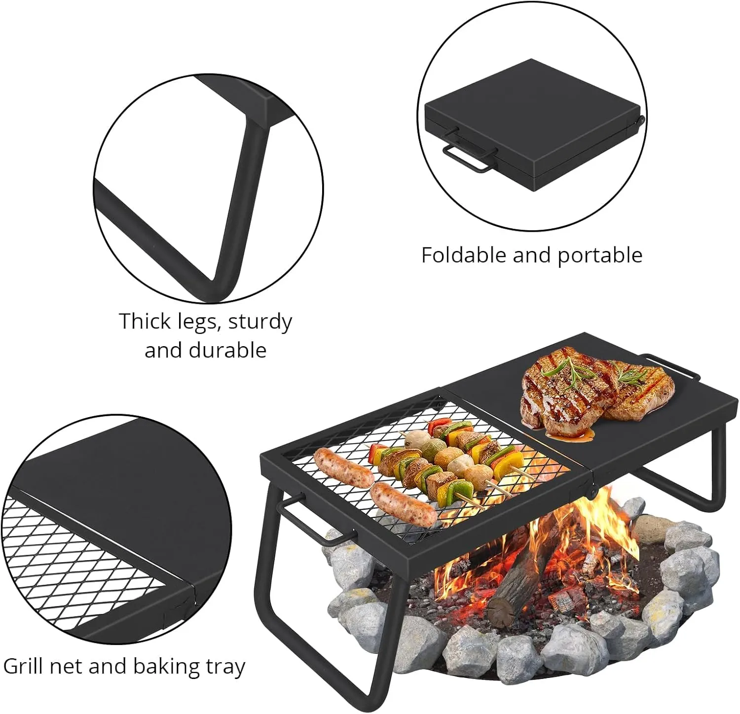 Folding Campfire Grill,22.4"×11.2" Campfire Cooking Grate with High-Density Grill Mesh, Heavy-Duty Steel Grill Grate,Food-Grade Coating & Foldable Legs for Outdoor BBQ, Picnics & Backyard Grilling
