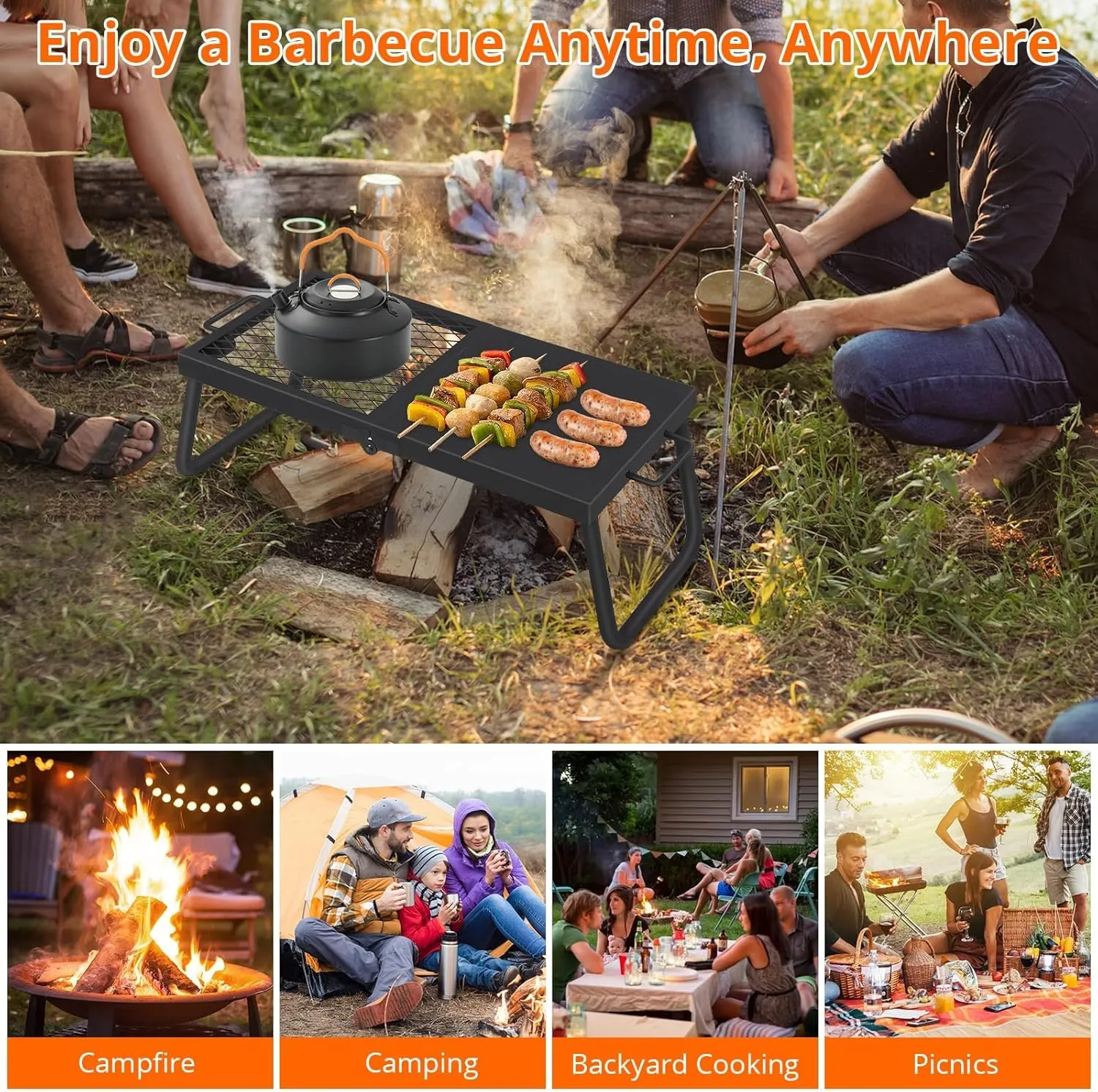 Folding Campfire Grill,22.4"×11.2" Campfire Cooking Grate with High-Density Grill Mesh, Heavy-Duty Steel Grill Grate,Food-Grade Coating & Foldable Legs for Outdoor BBQ, Picnics & Backyard Grilling