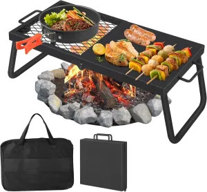 Folding Campfire Grill,22.4"×11.2" Campfire Cooking Grate with High-Density Grill Mesh, Heavy-Duty Steel Grill Grate,Food-Grade Coating & Foldable Legs for Outdoor BBQ, Picnics & Backyard Grilling