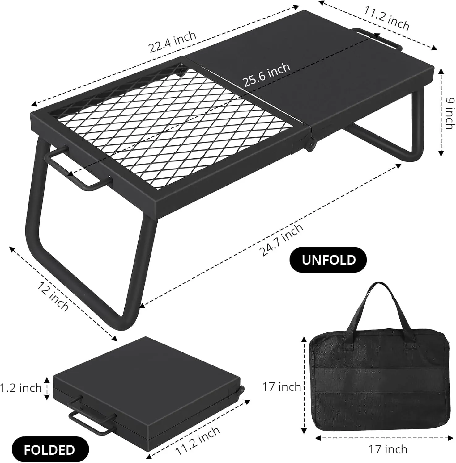 Folding Campfire Grill,22.4"×11.2" Campfire Cooking Grate with High-Density Grill Mesh, Heavy-Duty Steel Grill Grate,Food-Grade Coating & Foldable Legs for Outdoor BBQ, Picnics & Backyard Grilling