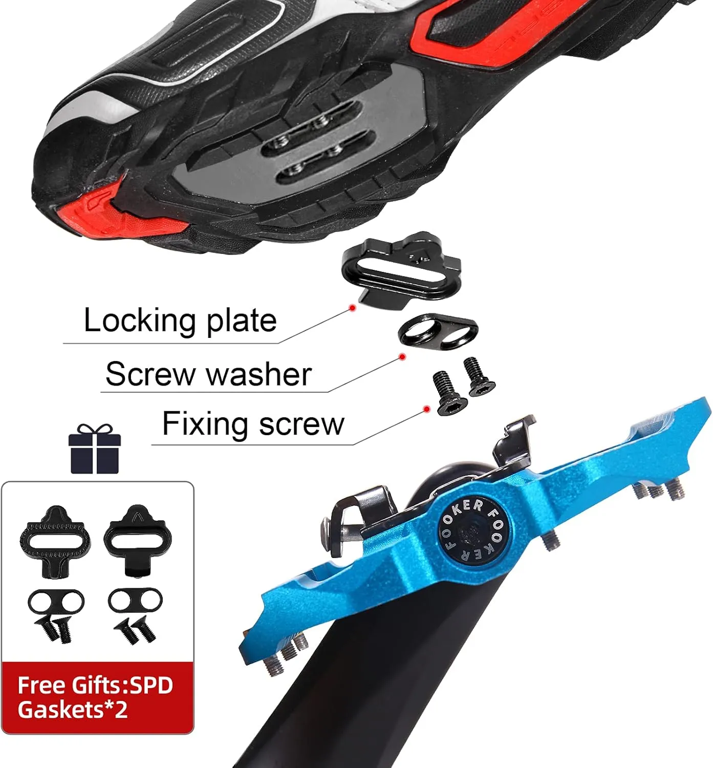 FOOKER MTB Mountain Bike Pedals 3 Bearing Flat Platform Compatible with Dual Function Sealed Clipless Aluminum 9/16" Pedals with Cleats for Road