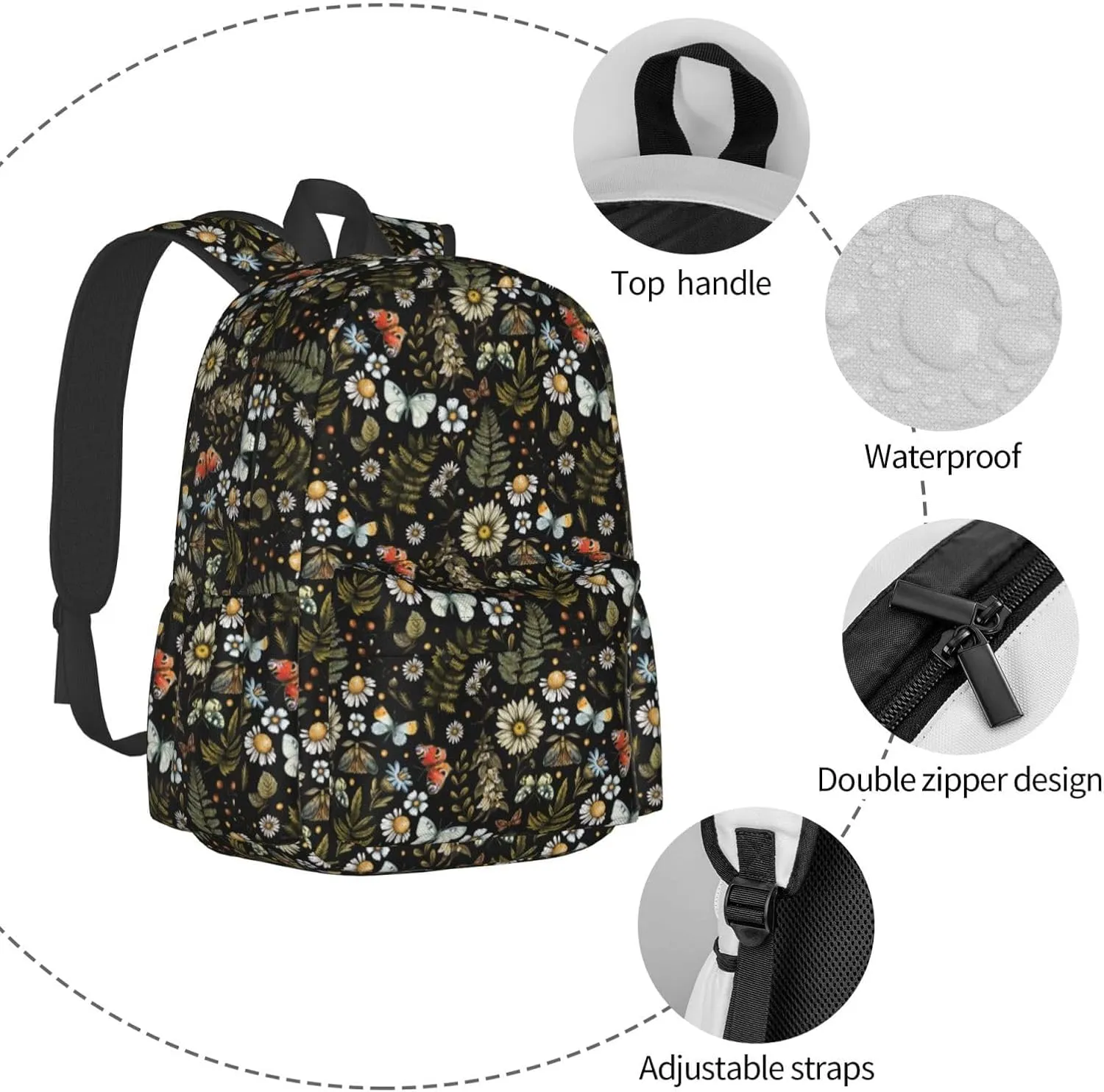 Forest Fern Flower Waterproof Backpack Adjustable Shoulder Straps Bag Large Capacity Casual Daypack Bookbag For Travel Work
