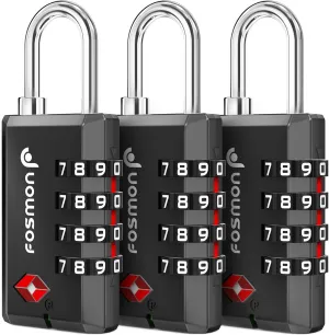 Fosmon TSA Approved Locks for Luggage, Suitcase, Heavy Duty Gun Safe Lock for Gun Case, 4 Digit Shackle Combination Padlock for Travel, Backpack Zipper Anti Theft, Gym Locker, Pistol, Handgun- 3 Pack