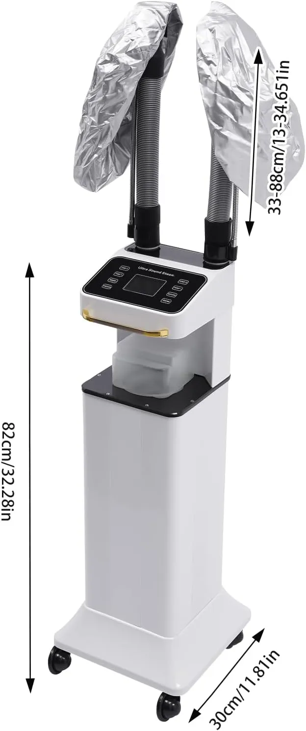 Freestanding Multifunctional Nano Hair Steamer Micro Mist Ozone Oil Treatment Dyeing Machine with 2 Steam Caps Hooded Hair Care Processor 2 Telescopic Tubes Time/Temp Control for Salon Barber Shop SPA