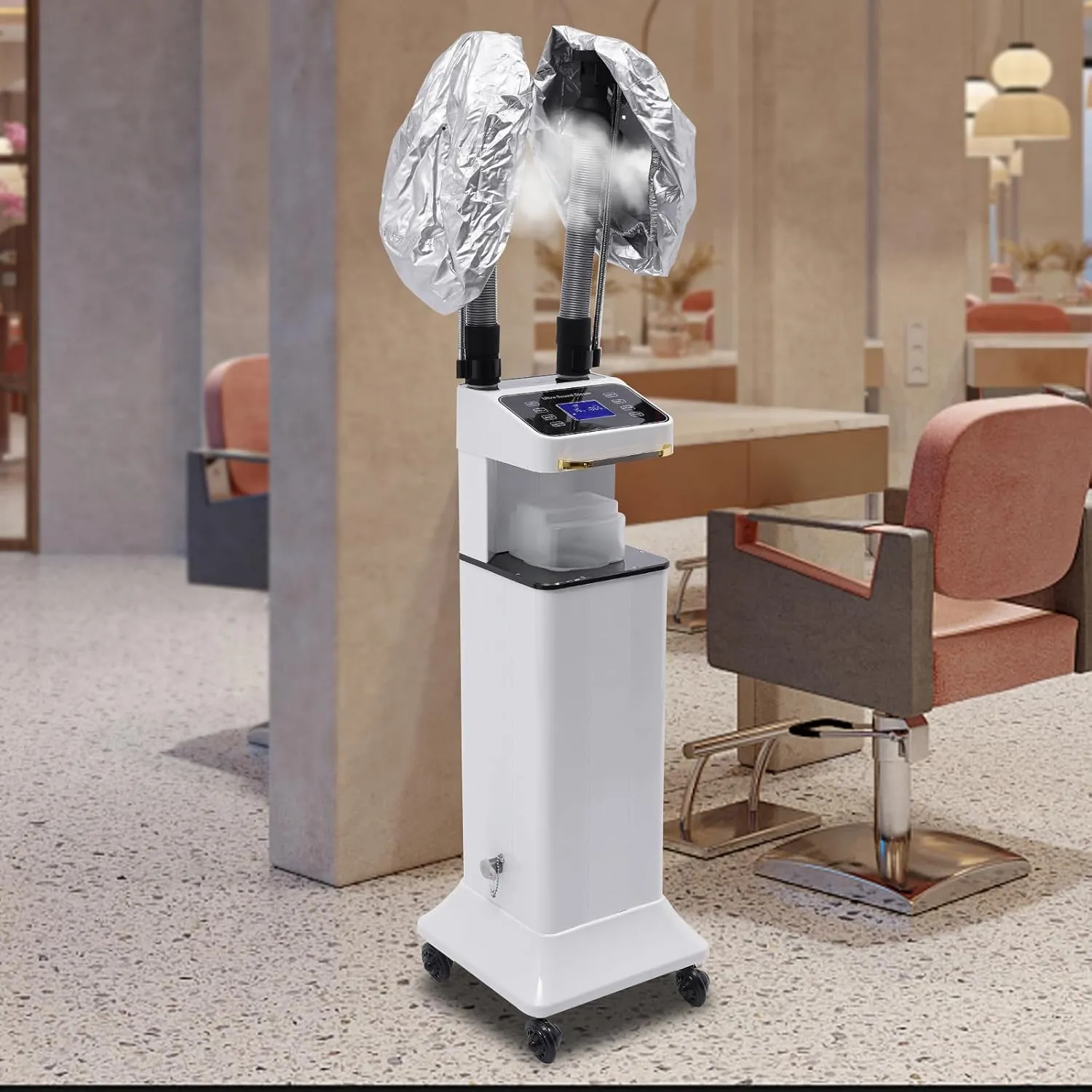 Freestanding Multifunctional Nano Hair Steamer Micro Mist Ozone Oil Treatment Dyeing Machine with 2 Steam Caps Hooded Hair Care Processor 2 Telescopic Tubes Time/Temp Control for Salon Barber Shop SPA