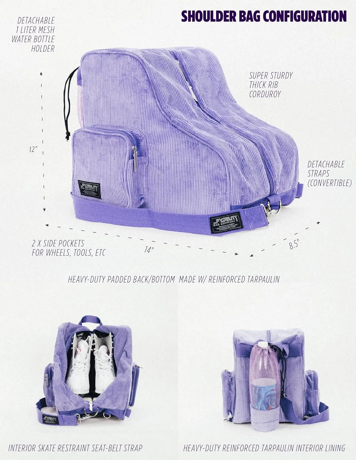 Fydelity- Retro Cute Roller Skate Bag for Women, Converts into Roller Skates Backpack –Heavy Duty Roller Skating Bag Fits Mens Ice Skate, Boys Inline Skates, Girls Figure Skates