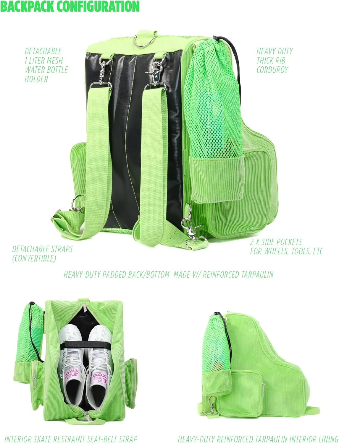 Fydelity- Retro Cute Roller Skate Bag for Women, Converts into Roller Skates Backpack –Heavy Duty Roller Skating Bag Fits Mens Ice Skate, Boys Inline Skates, Girls Figure Skates