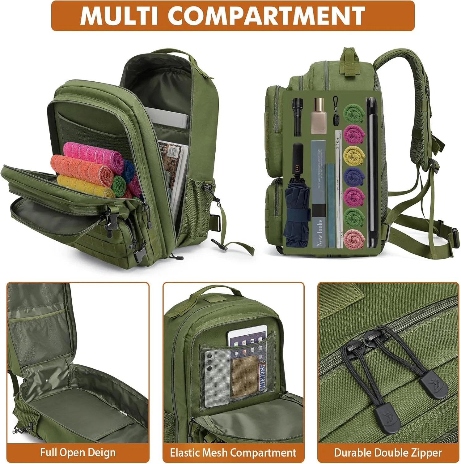 G4Free 45L Military Tactical Backpack for Men Large Army Molle Daypack 3 Day Assault Pack Bug Out Bag Hiking Rucksack(Green)