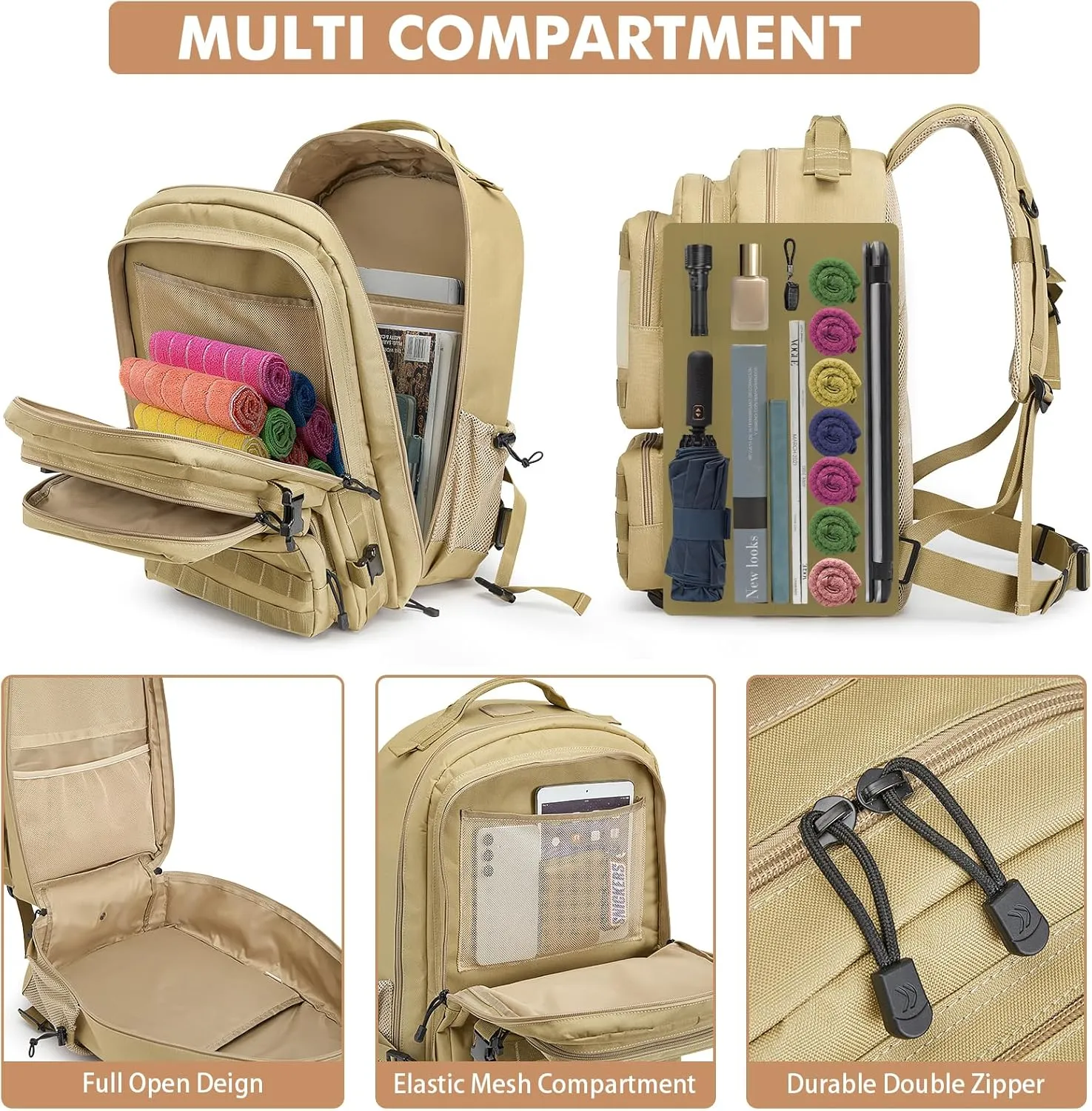 G4Free 45L Military Tactical Backpack for Men Large Army Molle Daypack 3 Day Assault Pack Bug Out Bag Hiking Rucksack(Khaki)
