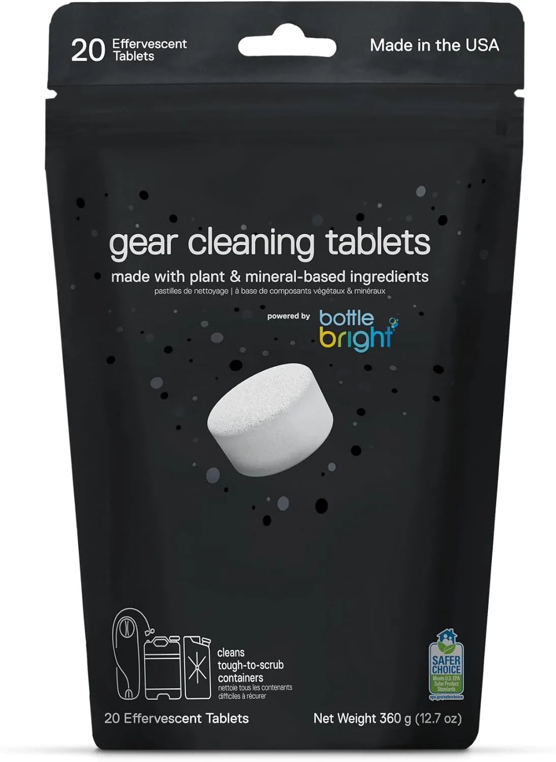 Gear Cleaning Tablets by Bottle Bright (6 or 20 Count) - EPA Safer Choice Certified - Hydration Reservoir, Large Container & Water Storage System Cleaner