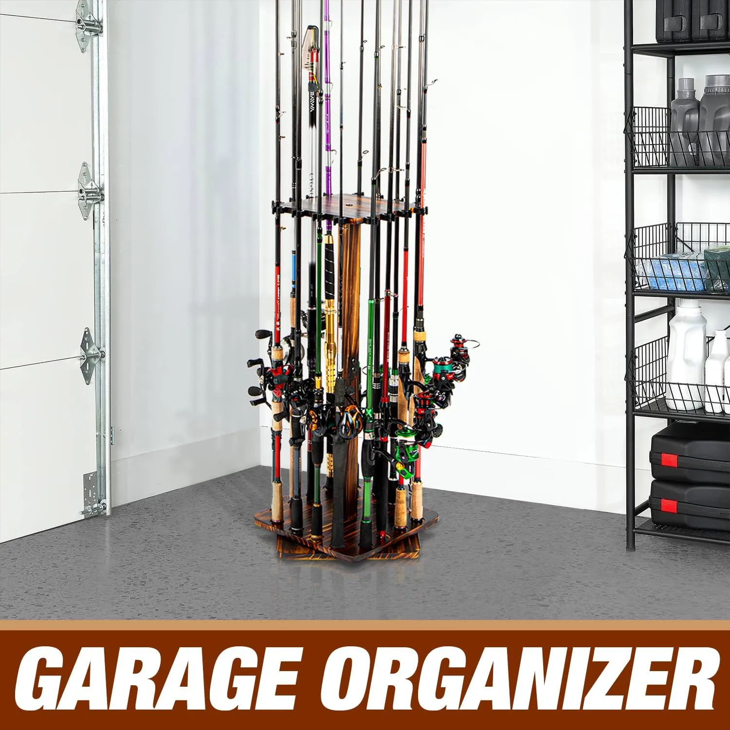 Ghosthorn Fishing Rod Holders for Garage 360 Degree Rotating Fishing Pole Rack, Floor Stand Holds up to 16 Rods Wood Fishing Gear Equipment Storage Organizer, Fishing Gifts for Men