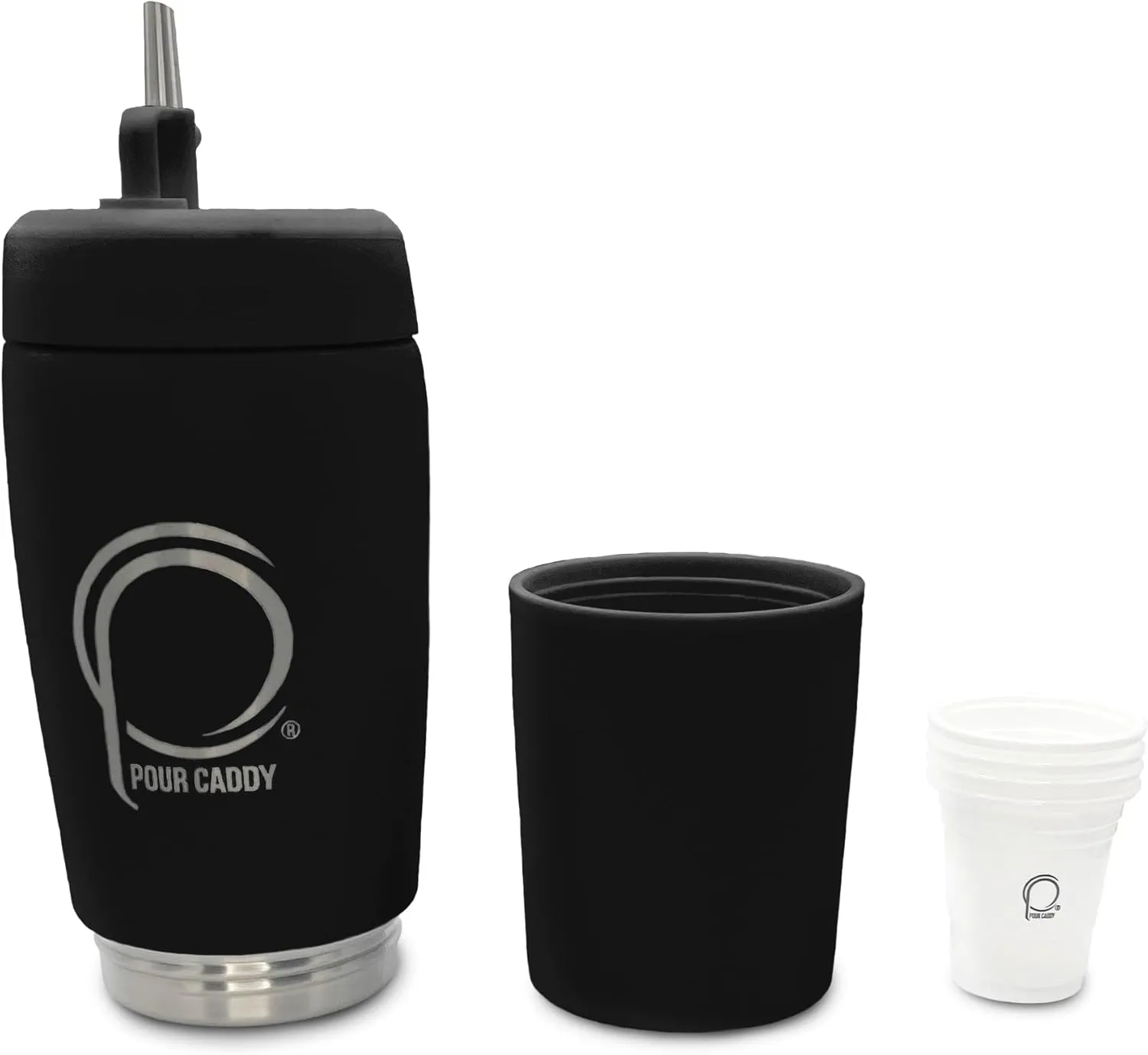Golf Flask Set, Insulated Stainless Steel Liquor Dispenser with Leakproof Pour Spout, Hidden Shot Cups, Removable Base, Portable Golf Bar Set, 20 oz, Shadow Black