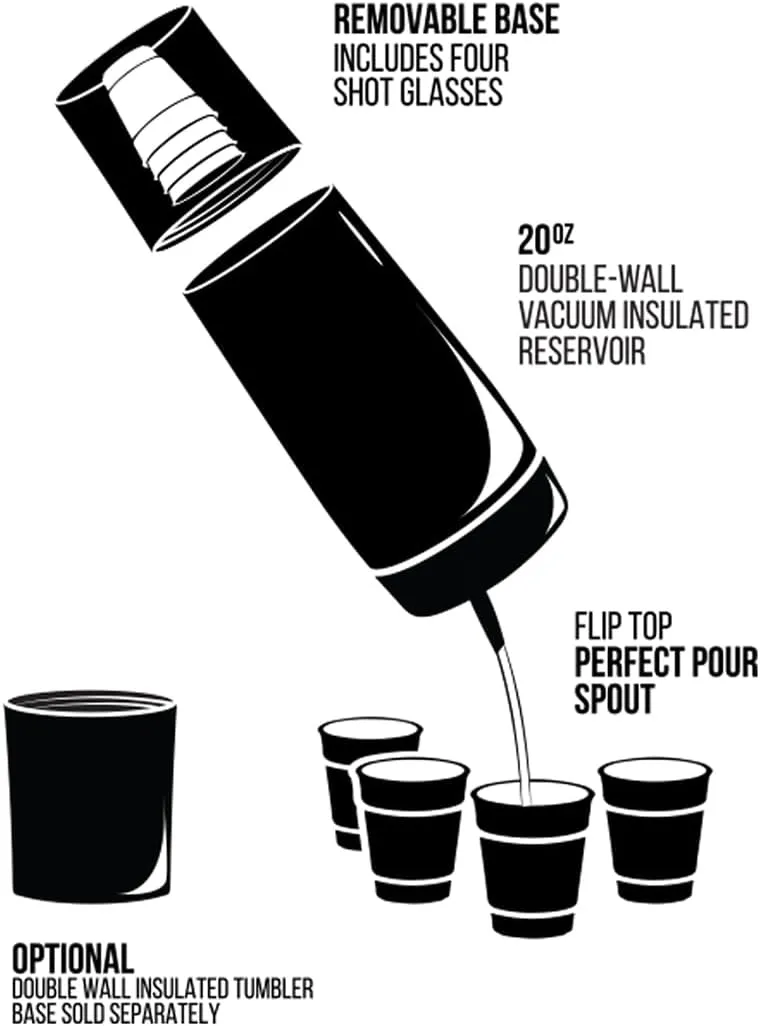 Golf Flask Set, Insulated Stainless Steel Liquor Dispenser with Leakproof Pour Spout, Hidden Shot Cups, Removable Base, Portable Golf Bar Set, 20 oz, Shadow Black