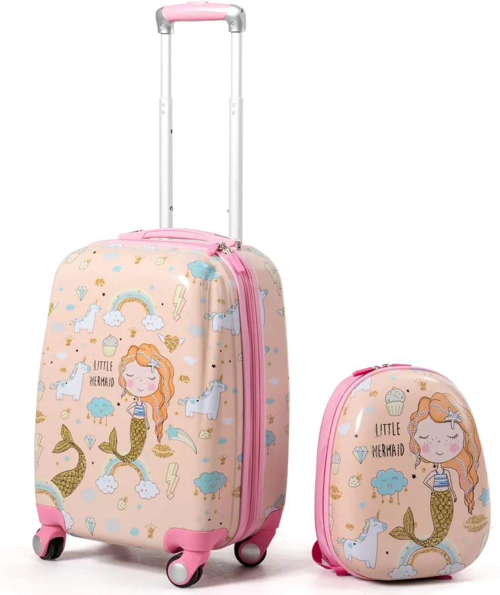 Goplus Kids Luggage Set, 12" & 18" Kids Carry On Luggage Set, Multi-directional Wheels Suitcase, Large Capacity Rolling Trolley Suitcase, Gift for Boys and Girls Toddlers Children Travel