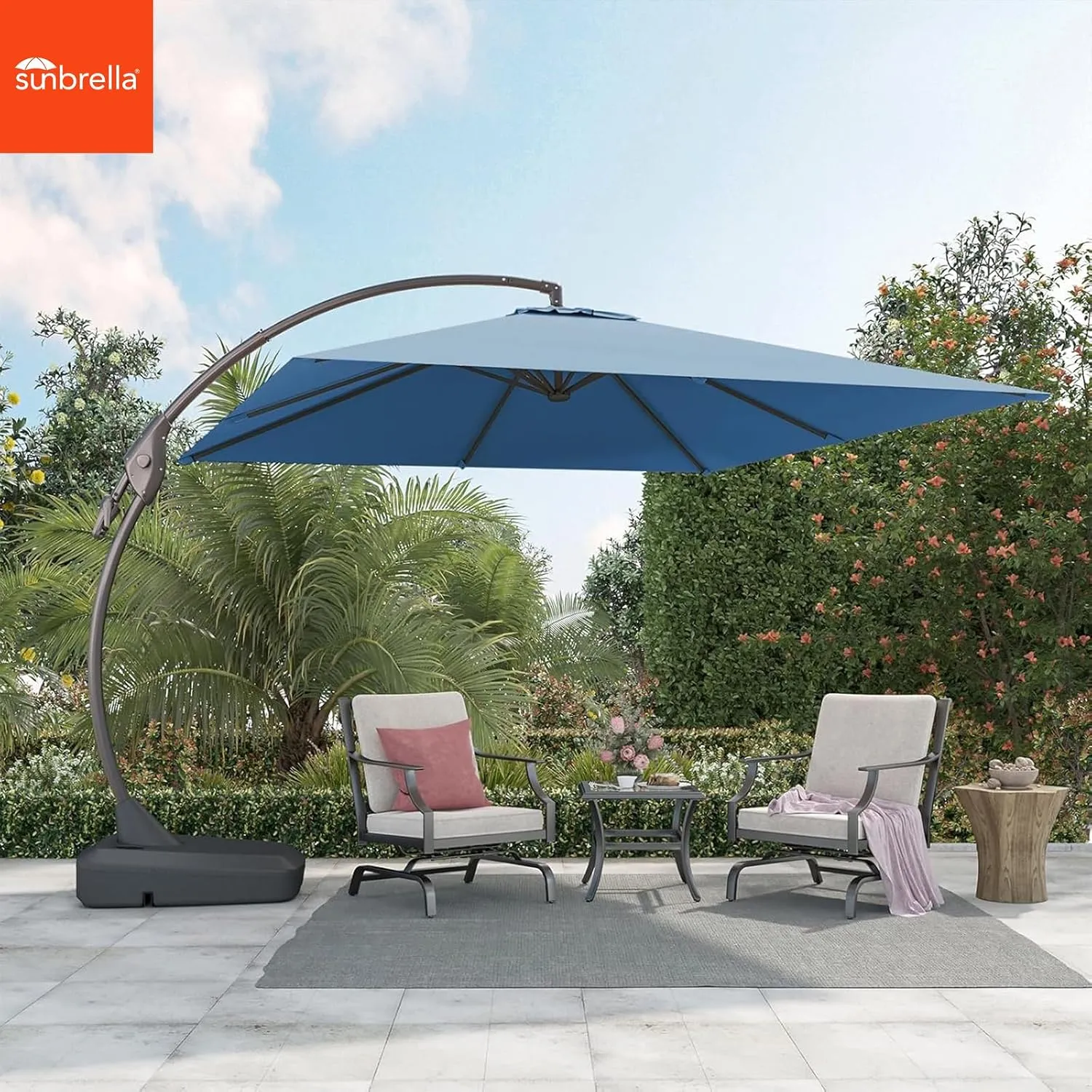 Grand patio 10X10 FT Sunbrella Offset Umbrella with Base Outdoor Square Aluminum Cantilever Umbrella with Easy Tilt Adjustment (Sapphire Blue, 10X10 FT-SUNBRELLA)