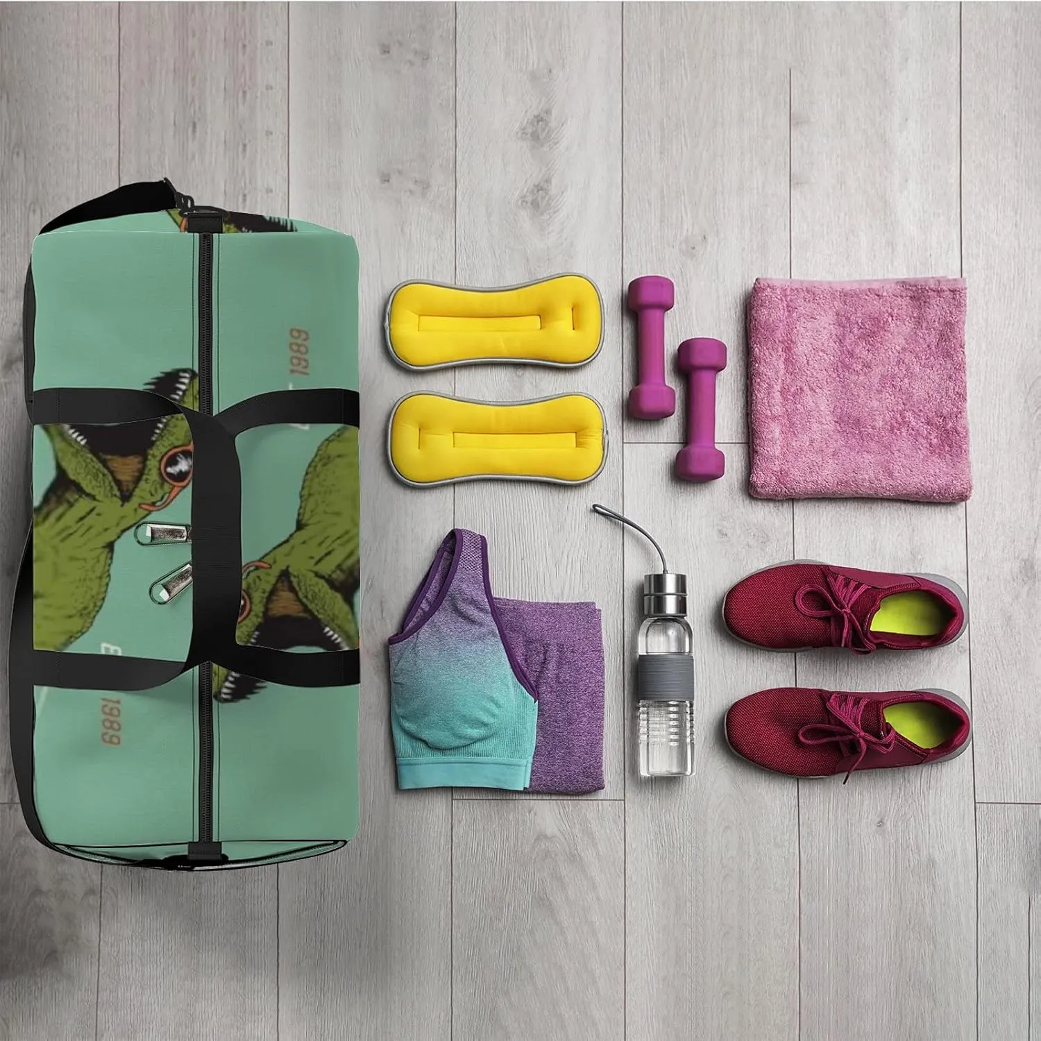 Green Dinosaur Skateboarder Dressed In Sunglasses Sports Bag Tote Bag Waterproof Gym Bag with Shoulder Strap Zipper 2 Side Pockets for Men and Women, Travel and Storage Shoulder Bag.