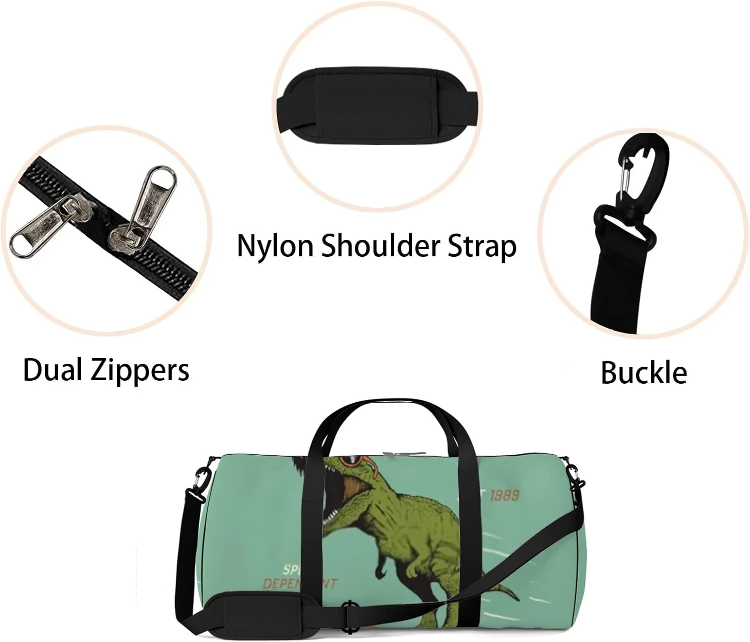 Green Dinosaur Skateboarder Dressed In Sunglasses Sports Bag Tote Bag Waterproof Gym Bag with Shoulder Strap Zipper 2 Side Pockets for Men and Women, Travel and Storage Shoulder Bag.
