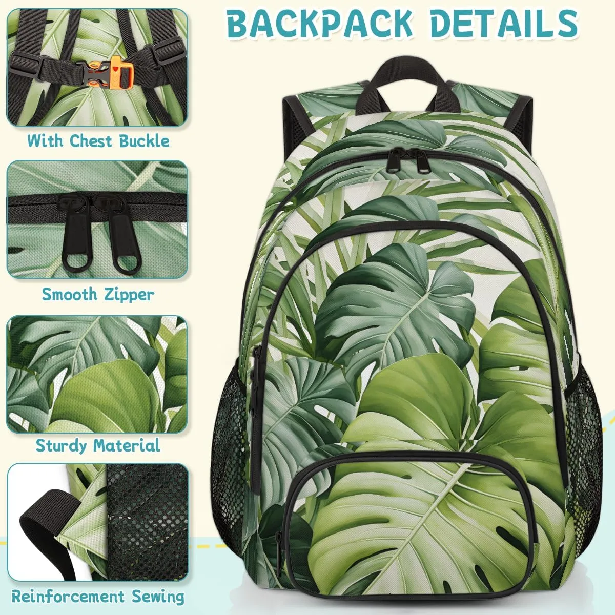 Green Tropical Leaves Carry on Travel Backpack for Women Men Water resistant Lightweight Rucksack Backpack for Weekender Casual Work Hiking Summer Palm Tree Leaf
