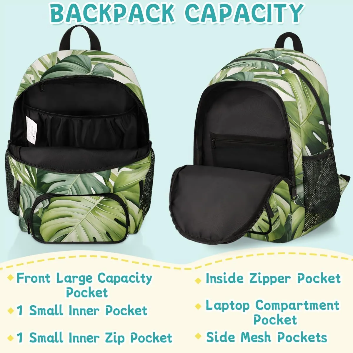 Green Tropical Leaves Carry on Travel Backpack for Women Men Water resistant Lightweight Rucksack Backpack for Weekender Casual Work Hiking Summer Palm Tree Leaf