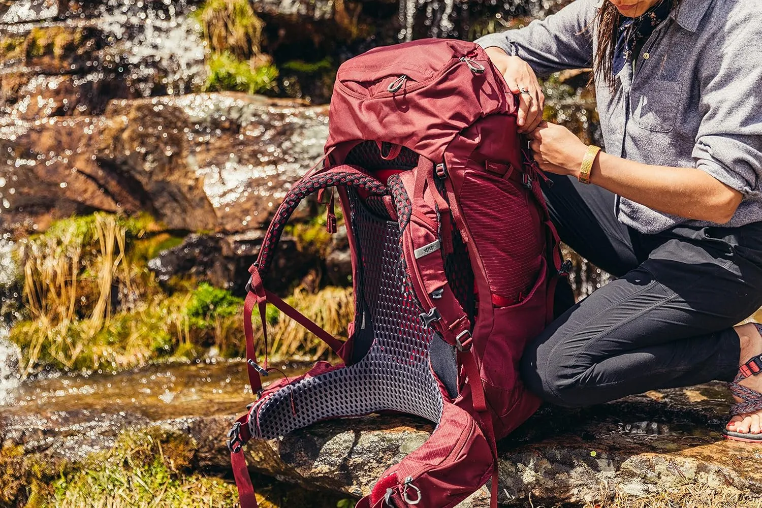 Gregory Kalmia 60L Women's Backpacking Pack, Ventilated Backpanel, Built-in Hydration Attachment for Bladder (Reservoir Not Included), Bordeaux Red