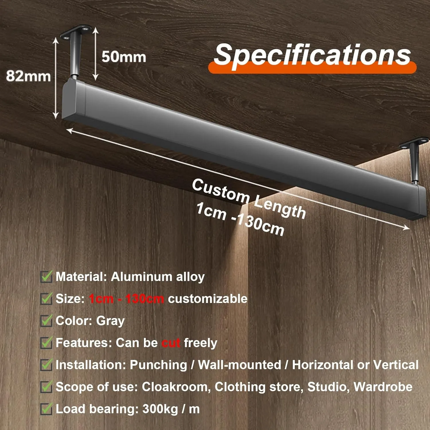 Grey Hanging Rods for Wardrobe, U Shaped Hanger Support Pole for Home/Hotel/Office/Studio, Cuttable Metal Aluminum Garment Bar, Set of 2(21 cm)