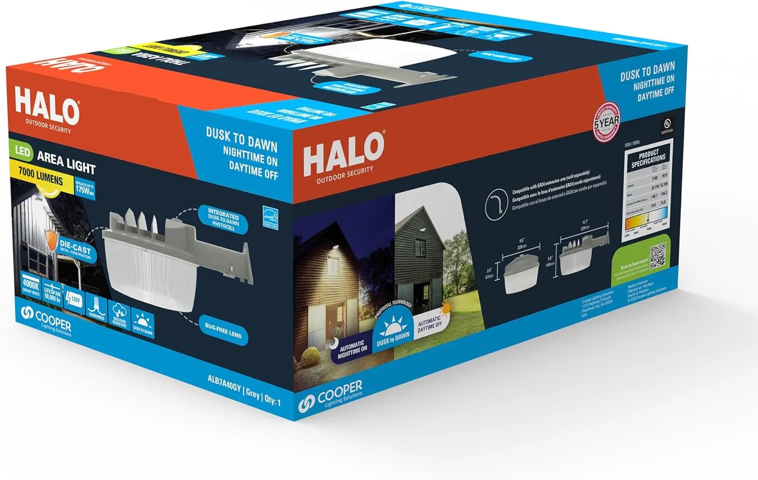 HALO ALB Outdoor Dusk-to-Dawn LED Security Area Light with 7000 Lumens, Wall or Pole Mount - Textured Gray