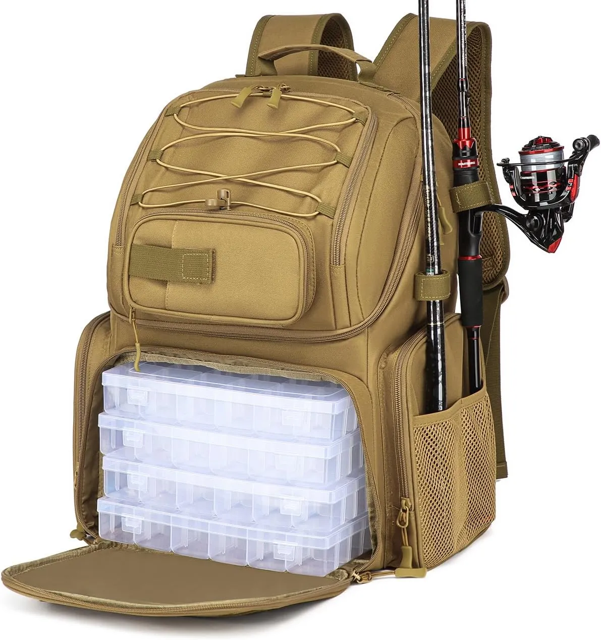 HAMBOLY Fishing Backpack with Tackle Boxes, 50L Fishing Tackle Bag with Cooler & Rod Holders, Waterproof Fishing Bag for Men